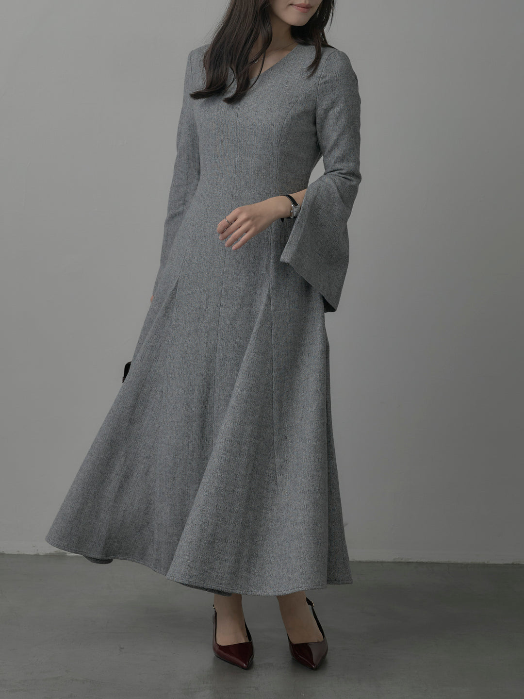 【Essential】2wayスリーブヘリンボーンフレアワンピース