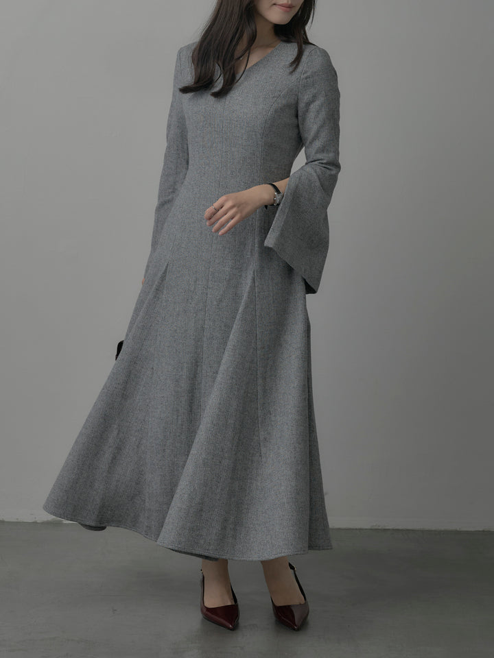 【Essential】2wayスリーブヘリンボーンフレアワンピース