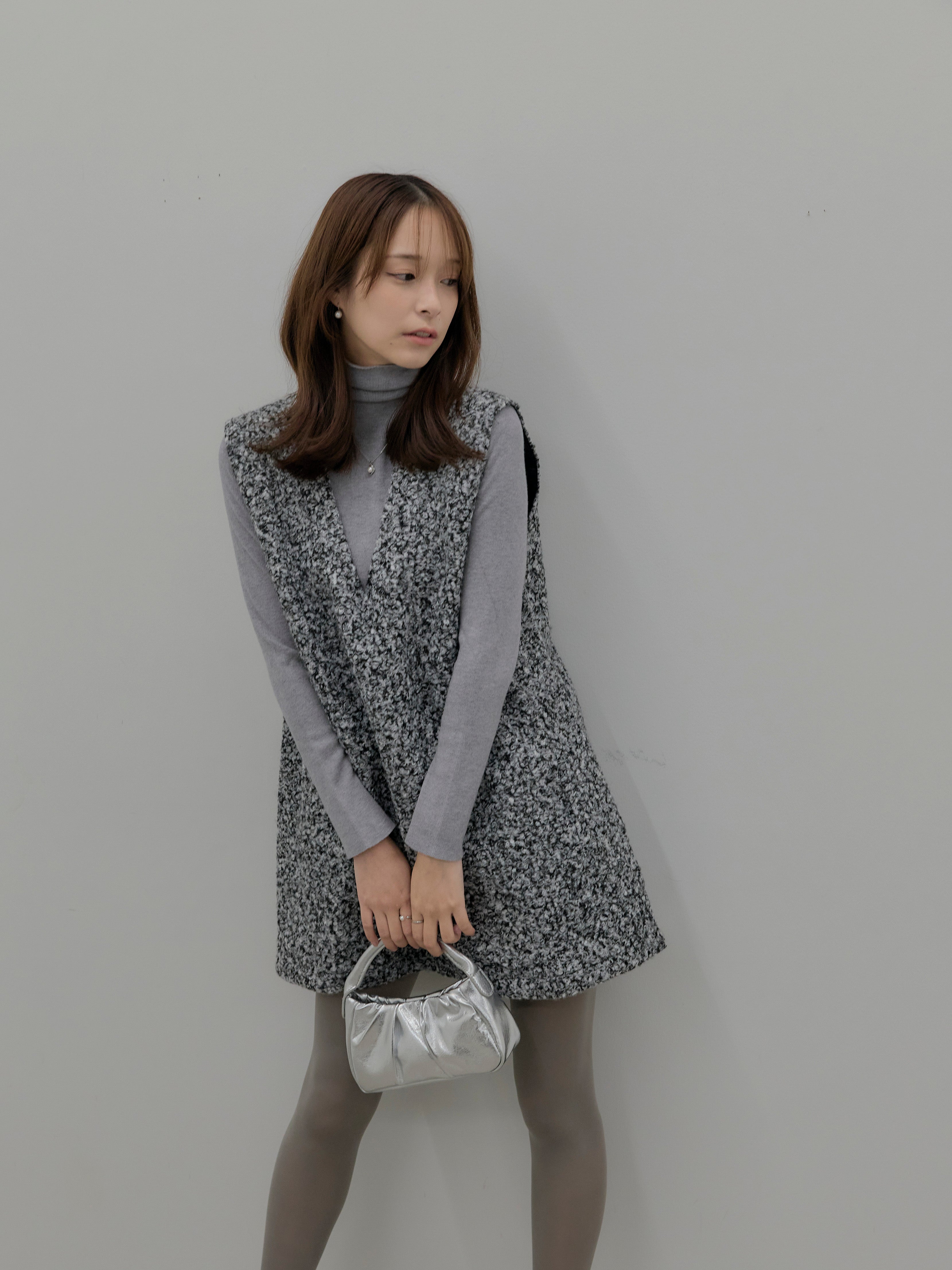 SET】ブークレVネックミニワンピース+ベーシックリブタートルネック