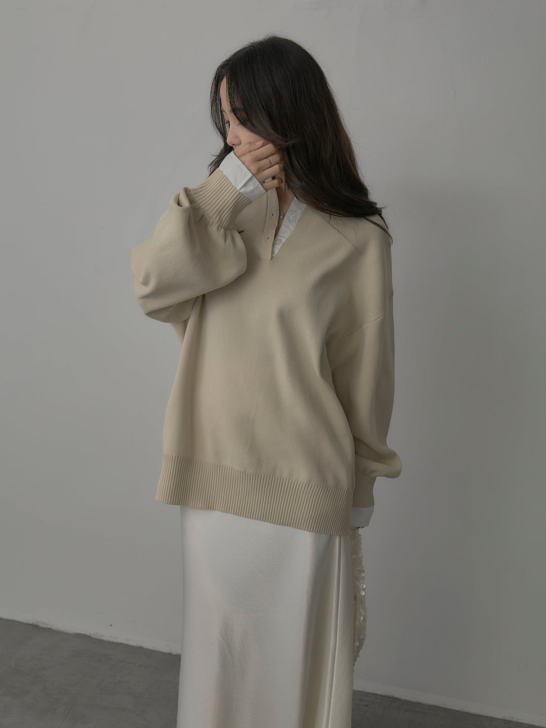 【SET】襟付きポロトップス+ナローAラインサテンスカート(2set)