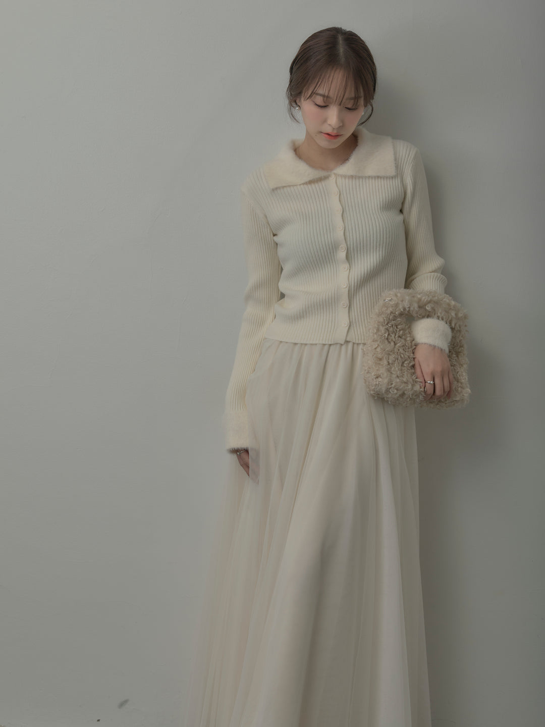 シャギー襟リブニットポロトップス