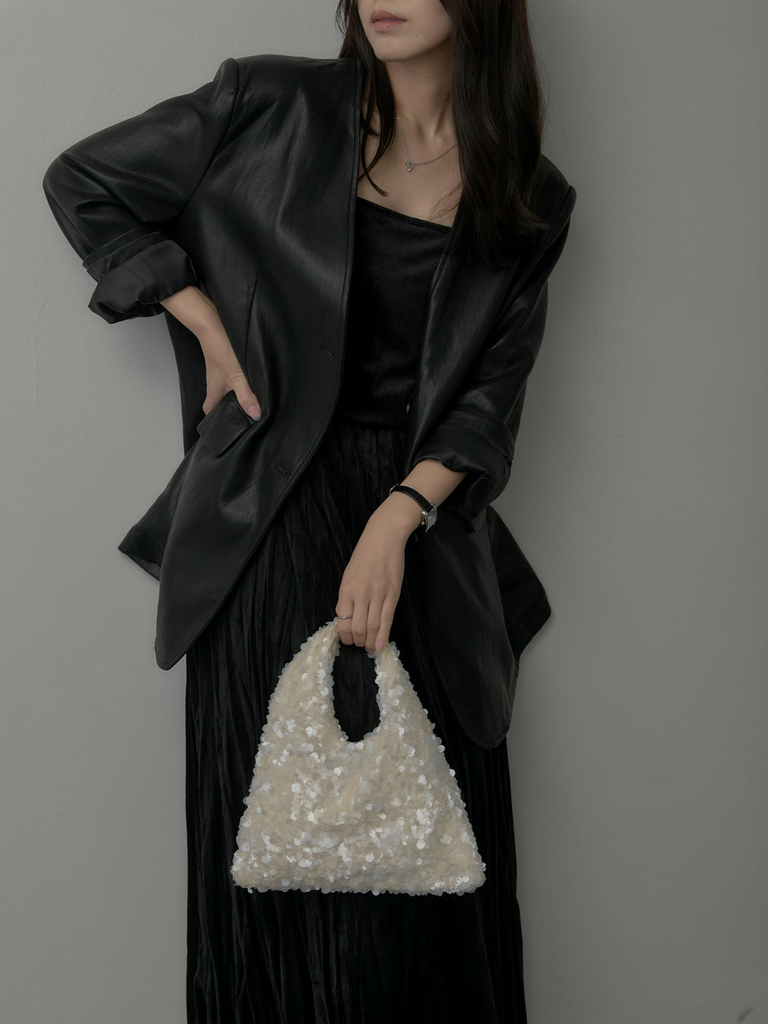 【SET】レザーノーカラージャケット+ベロアワッシャープリーツスカート(2set)