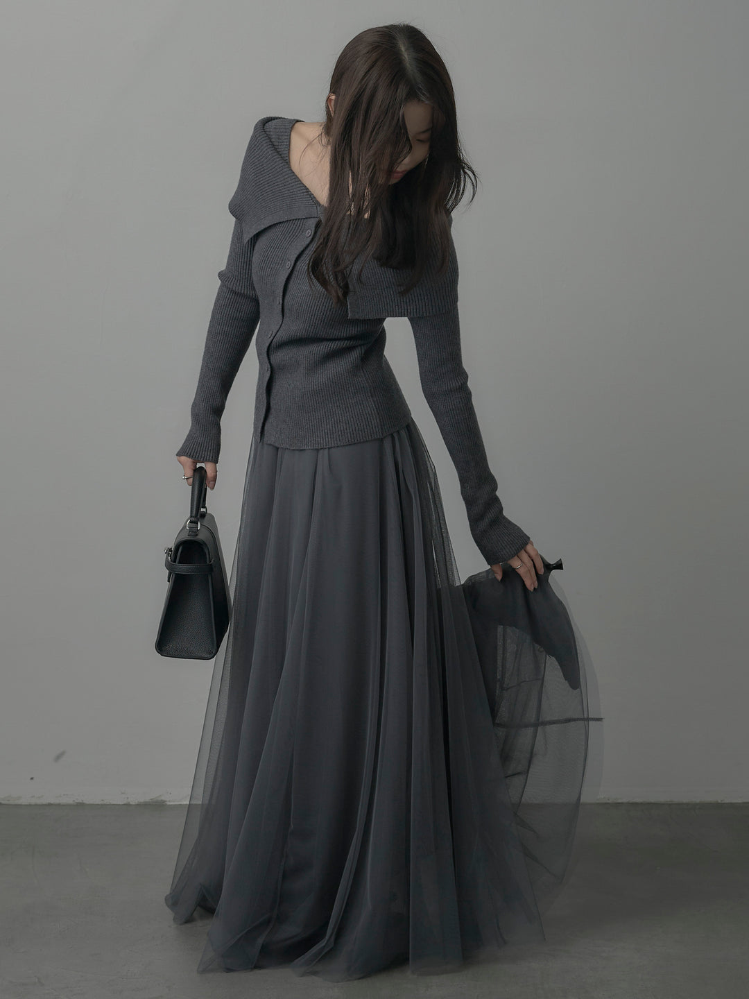 【SET】オフショルライクリブニットトップス+ボリュームチュールスカート(2set)