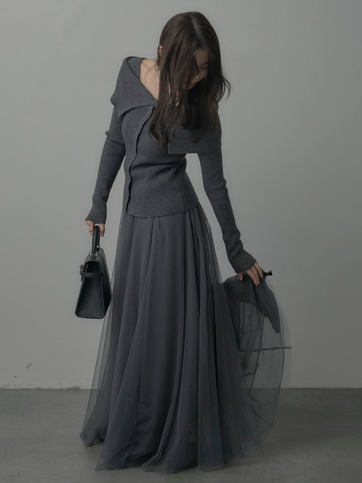 【SET】オフショルライクリブニットトップス+ボリュームチュールスカート(2set)