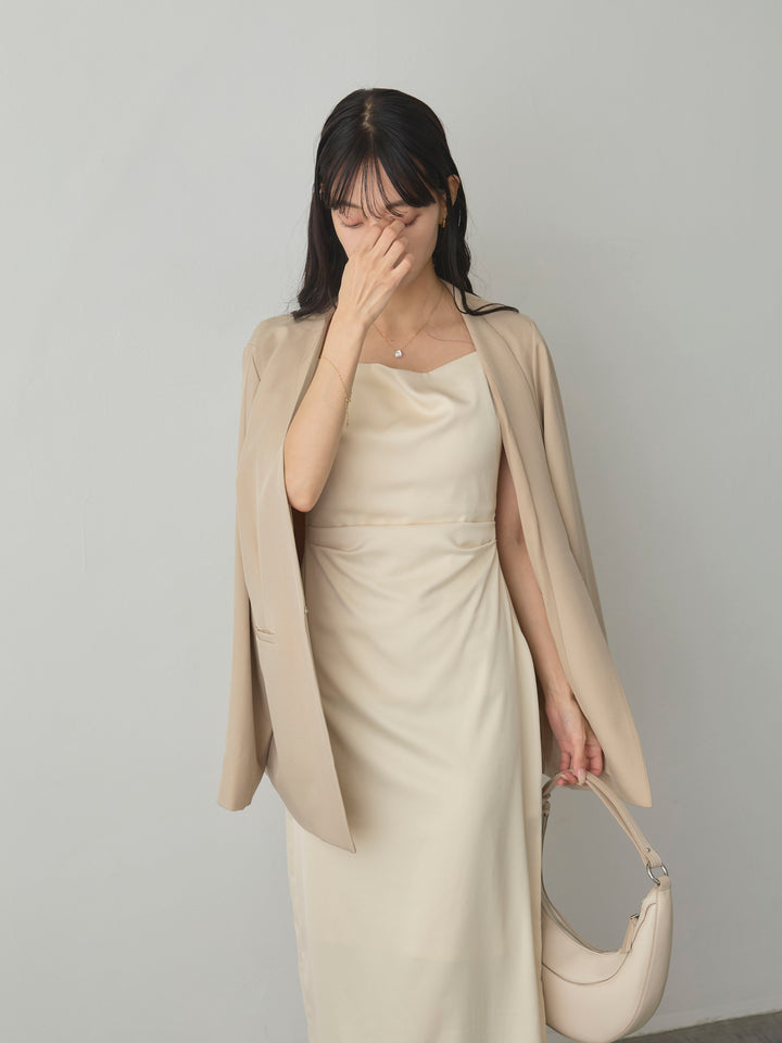 【SET】【Essential】フロントホックノーカラージャケット+【Essential】サテンドレープキャミワンピ(2set)