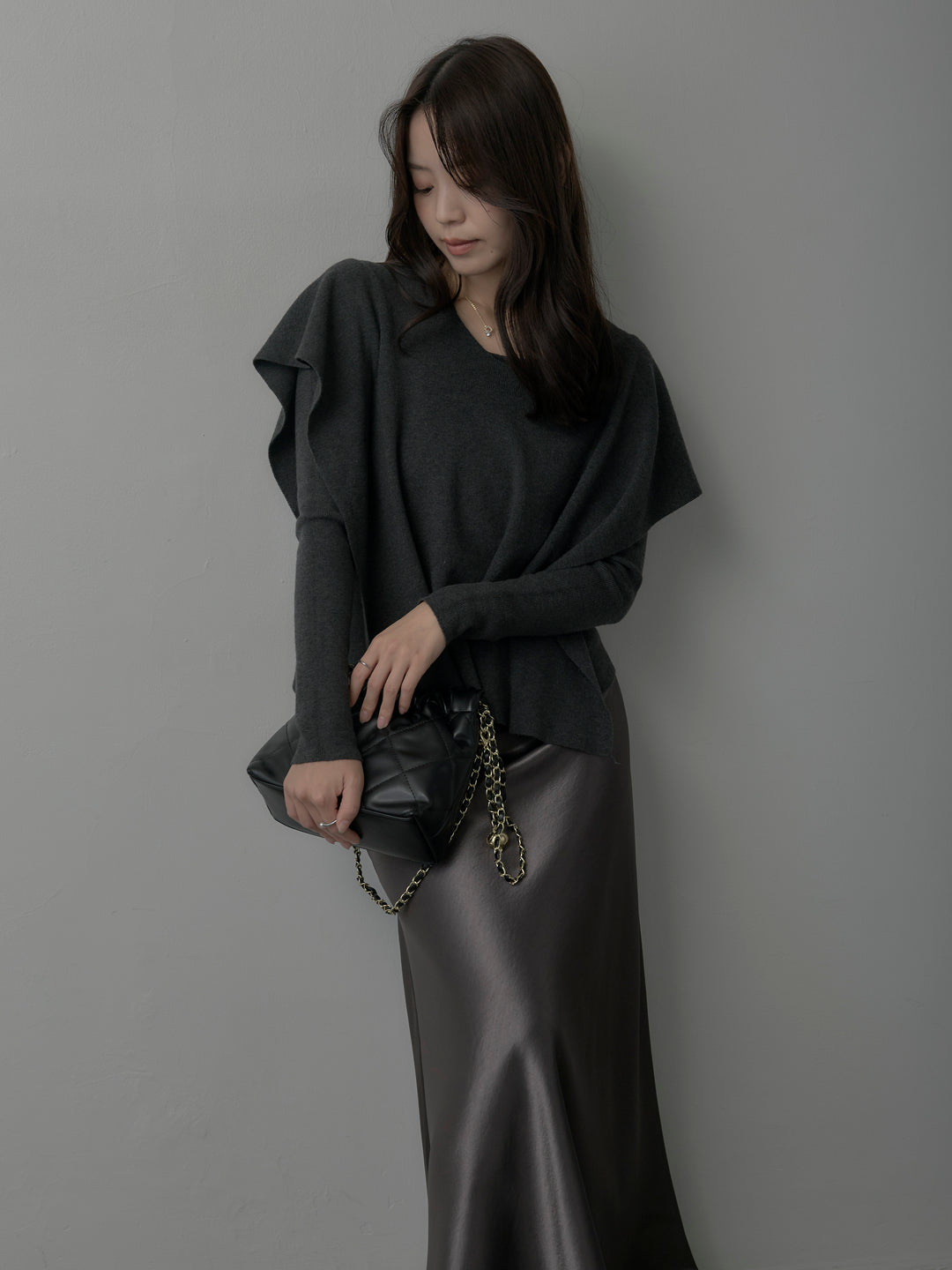 【SET】2wayリブニットポンチョトップス+ヘビーサテンAラインスカート(2set)