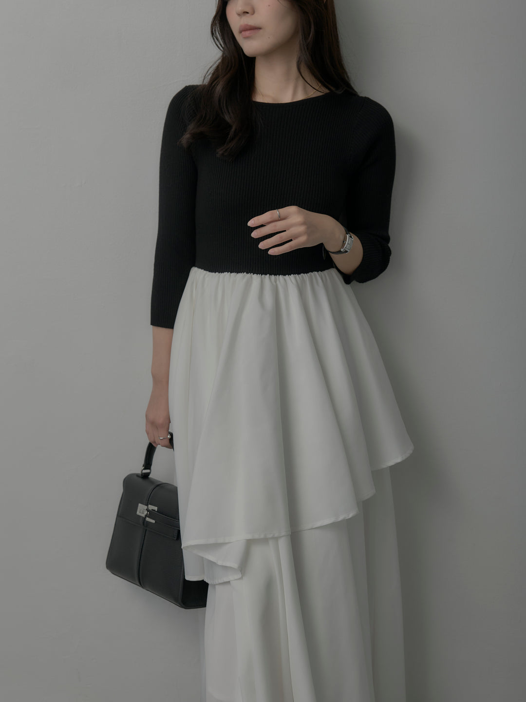 【Essential】7部袖リブドッキングワンピース