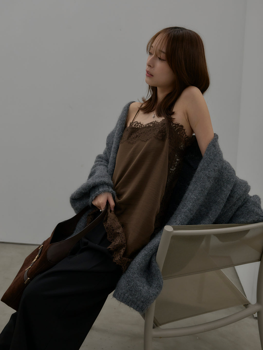 【SET】モヘアライクオーバーニットカーディガン+レースサテンキャミソール(2set)