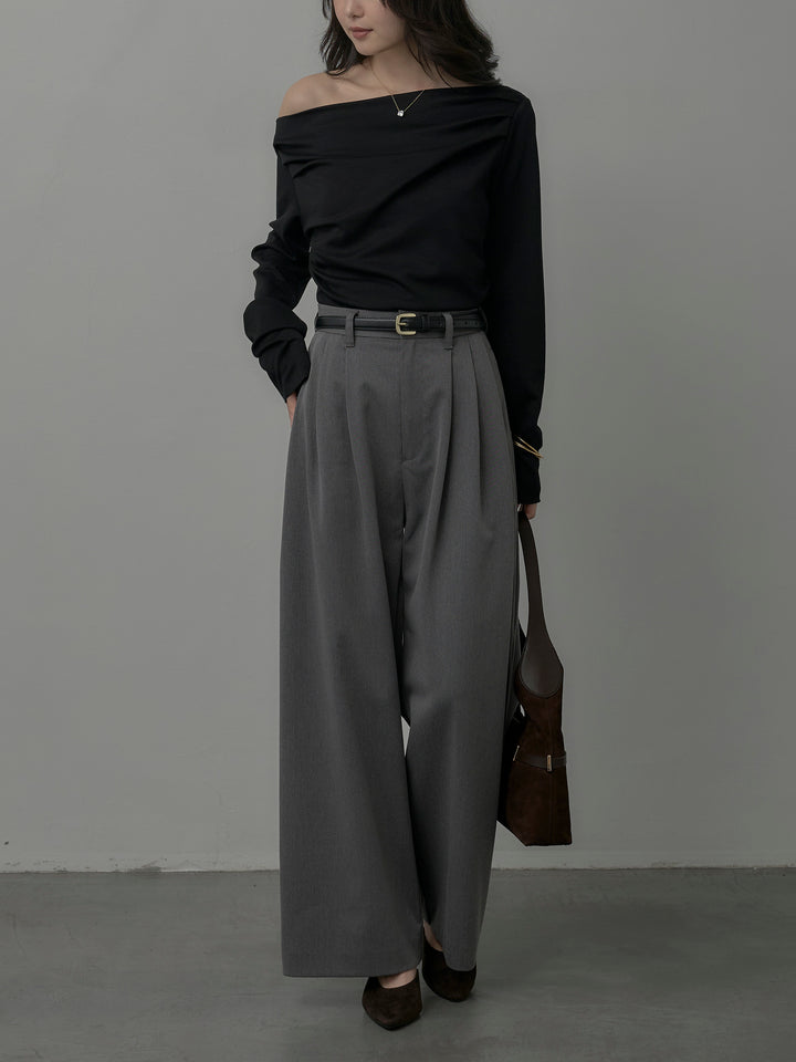 【SET】【Essential】2wayショルダードレープカットトップス+【Essential】３タックスラックス(2set)