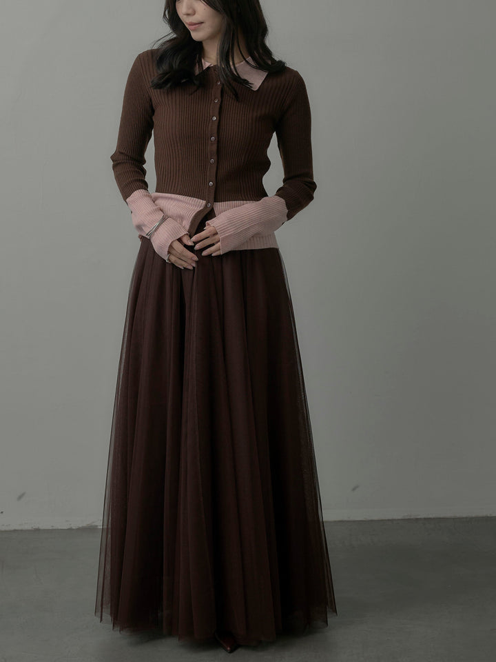 【SET】バイカラーリブニットポロトップス+ボリュームチュールスカート(2set)