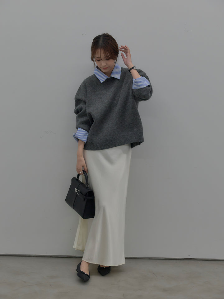 【SET】シャツドッキング肉厚ニットプルオーバー+ナローAラインサテンスカート(2set)