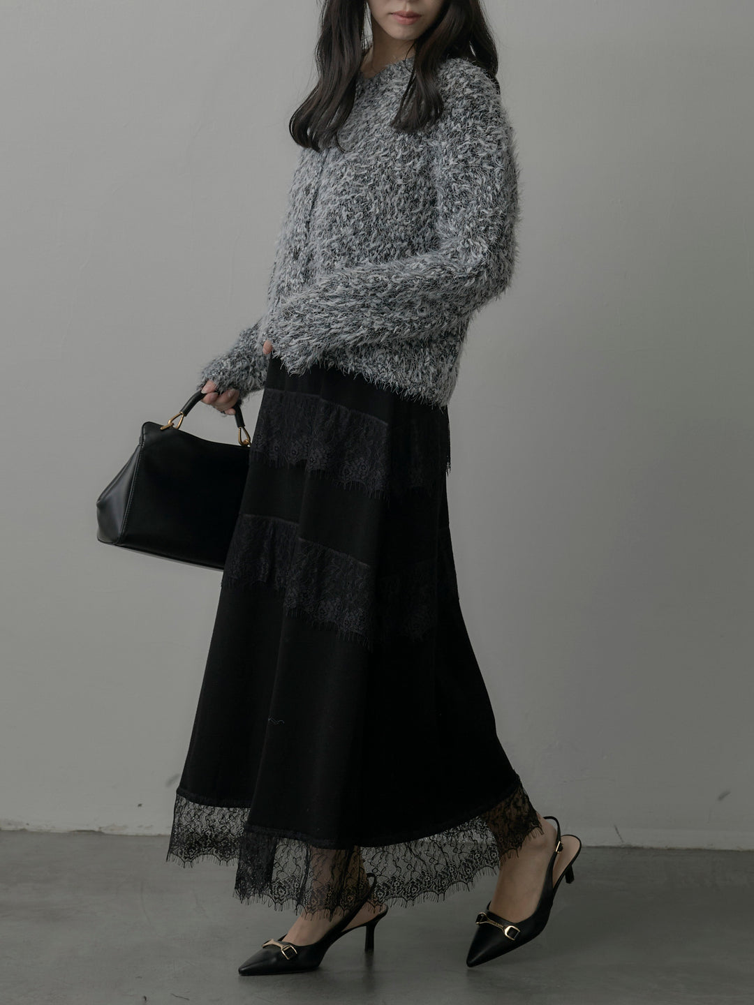 【SET】フェザーループニットカーディガン+レースデザインフレアスカート(2set)