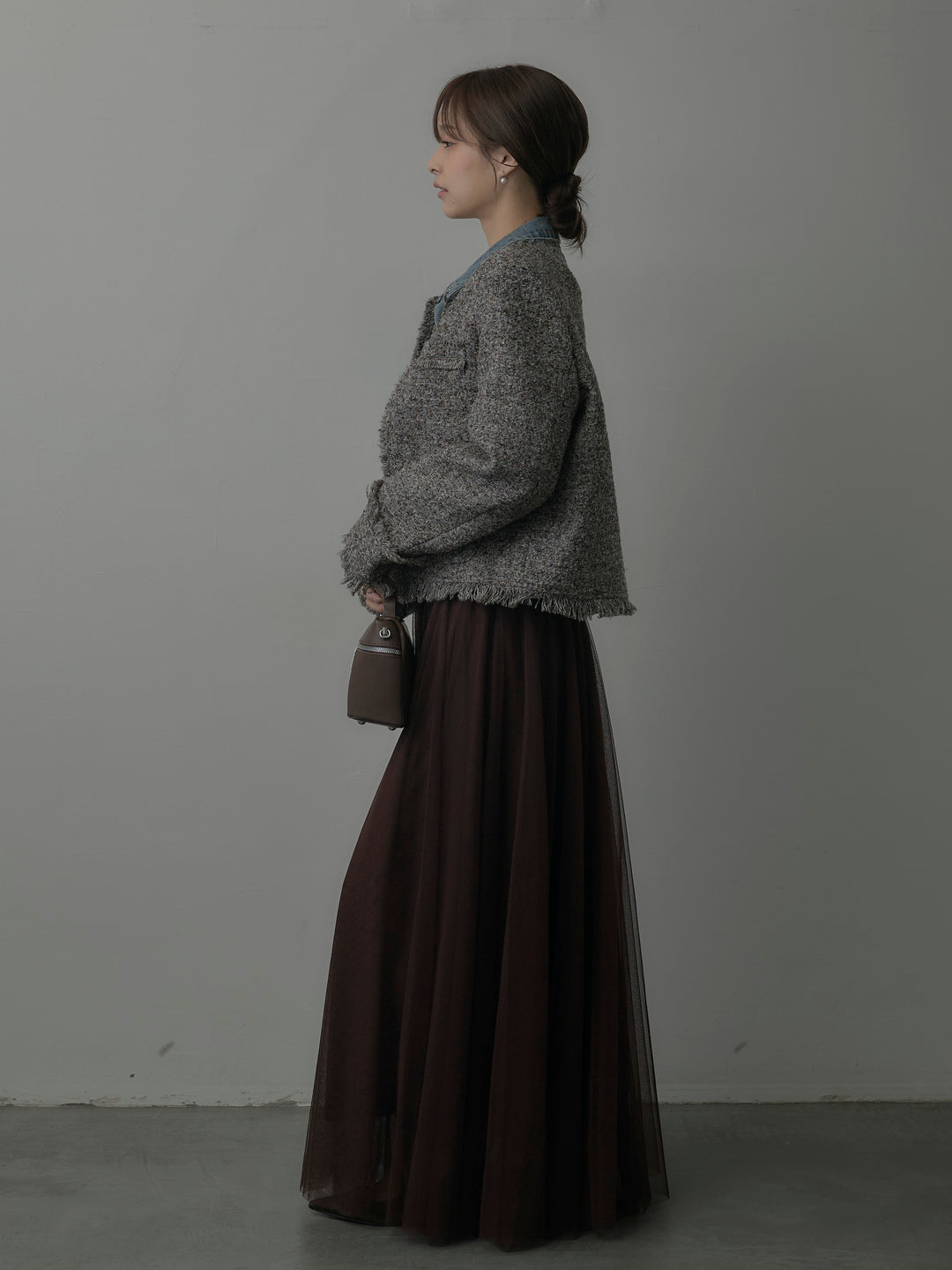 【SET】デニムドッキングオーバーサイズツイードジャケット+ボリュームチュールスカート(2set)