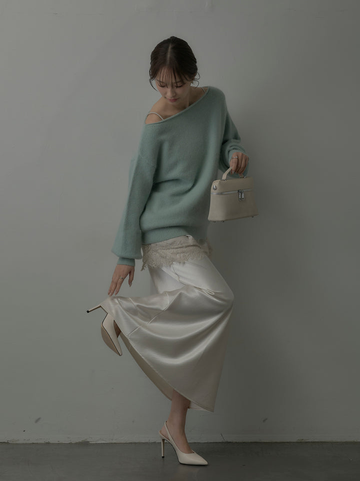 【SET】【premium touch】2wayショルダーニットプルオーバー+レースサテンキャミソール+ナローAラインサテンスカート(3set)