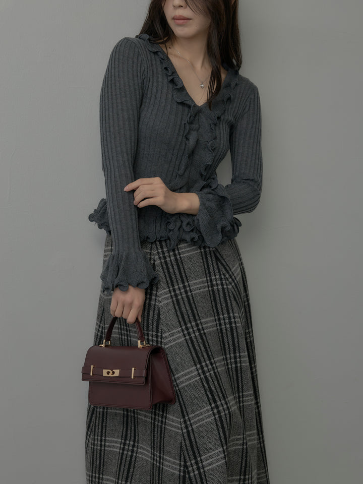 【SET】Vネックフリルデザインニットトップス+【Essential】クラシカルチェックウールタッチスカート(2set)