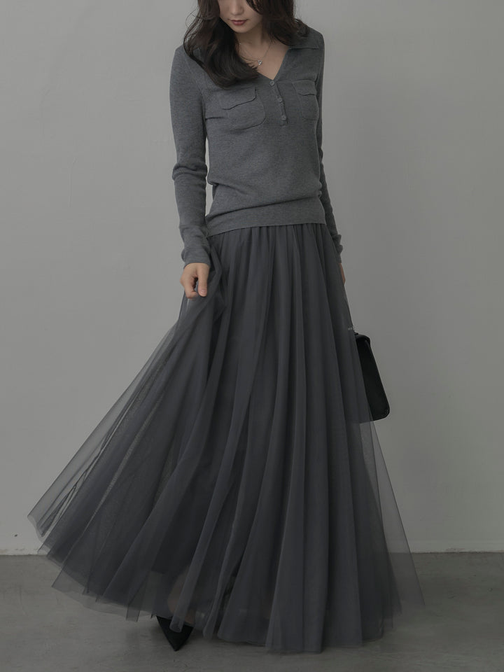 【SET】ポケットデザインリブニットトップス+ボリュームチュールスカート(2set)