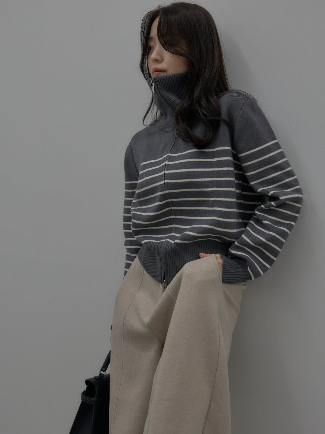 【SET】ダブルZIPハイネックボーダーニットトップス+裏起毛センターシームタックワイドパンツ(2set)