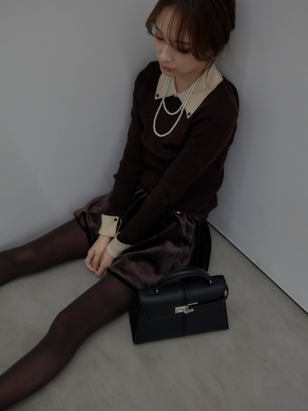 【SET】配色カフスニットポロ+ベロアバルーンミニスカート(インパン付き)(2set)