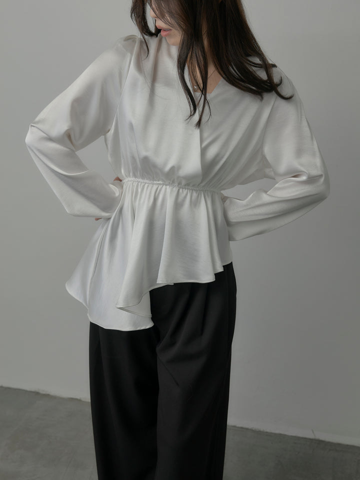 【SET】Vネックアシメサテンブラウス+【Essential】３タックスラックス(2set)