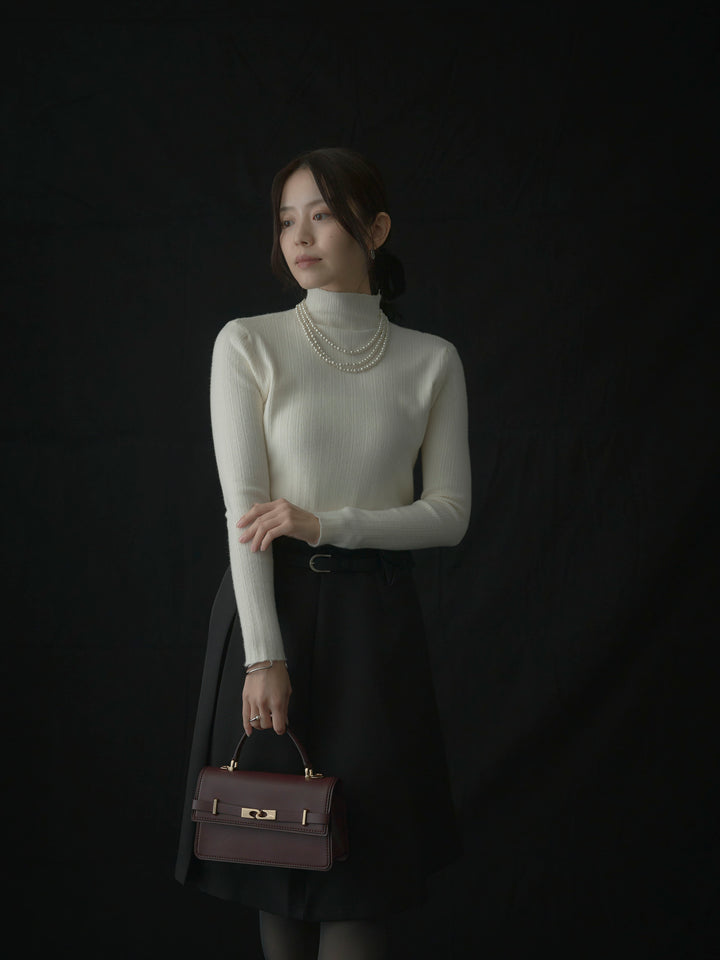 【SET】リブニットタートルネック+ウエストポーチ付きミディスカート(2set)