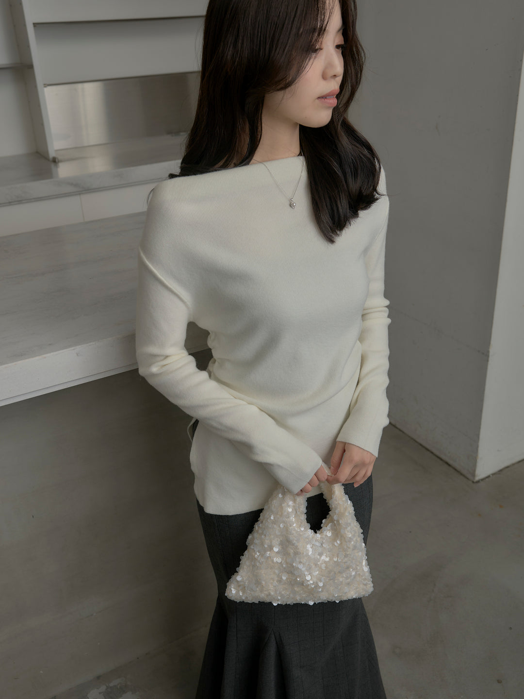 【SET】サイドスリットボートネックニットトップス+【Essential】チェック柄マーメイドスカート(2set)