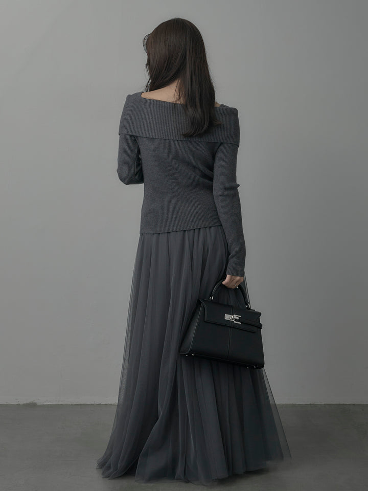 【SET】オフショルライクリブニットトップス+ボリュームチュールスカート(2set)
