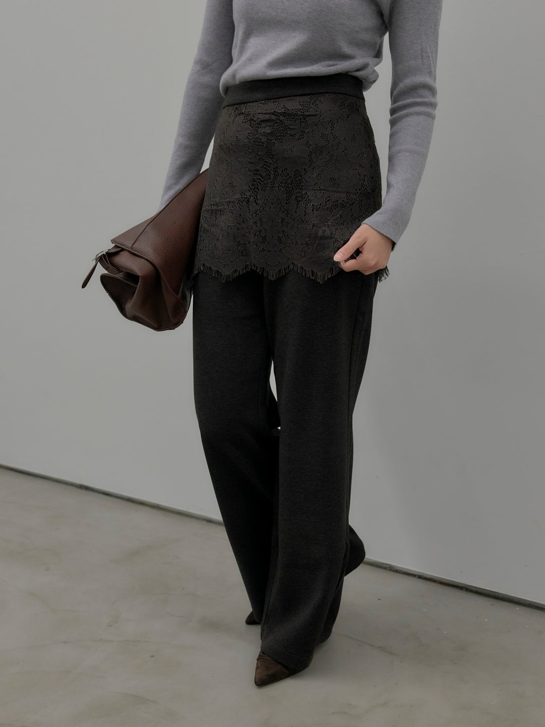 【SET】ベーシックリブタートルネック+レースレイヤードセミフレアパンツ(2set)