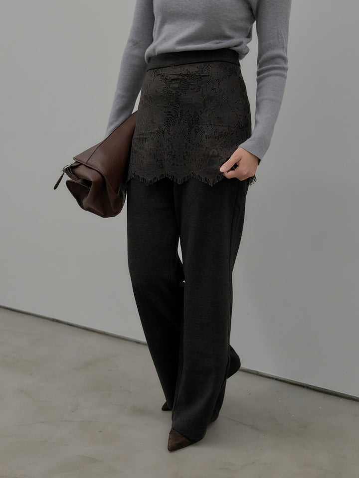 【SET】ベーシックリブタートルネック+レースレイヤードセミフレアパンツ(2set)