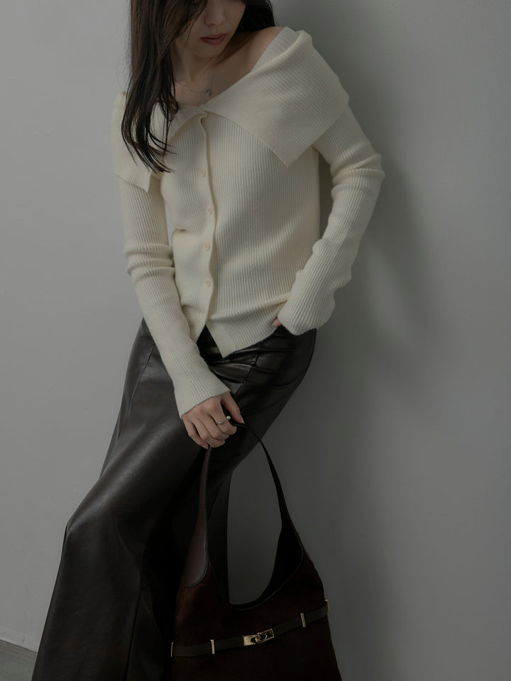 【SET】オフショルライクリブニットトップス+レザーマーメイドスカート(2set)