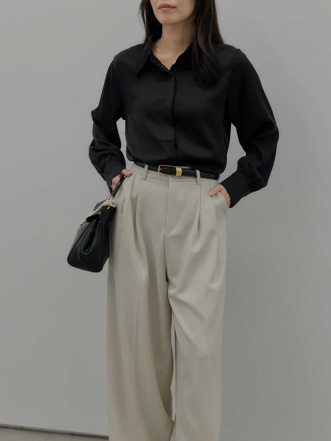 【SET】比翼仕立てサテンシャツ+デザインタックワイドパンツ(2set)