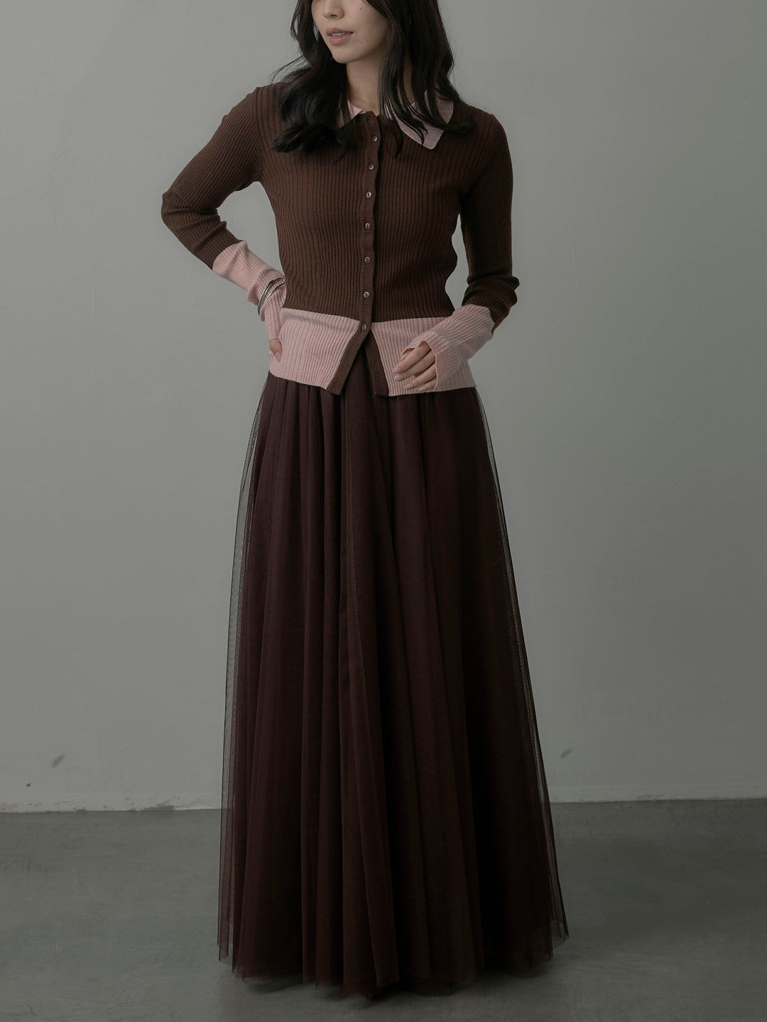 【SET】バイカラーリブニットポロトップス+ボリュームチュールスカート(2set)