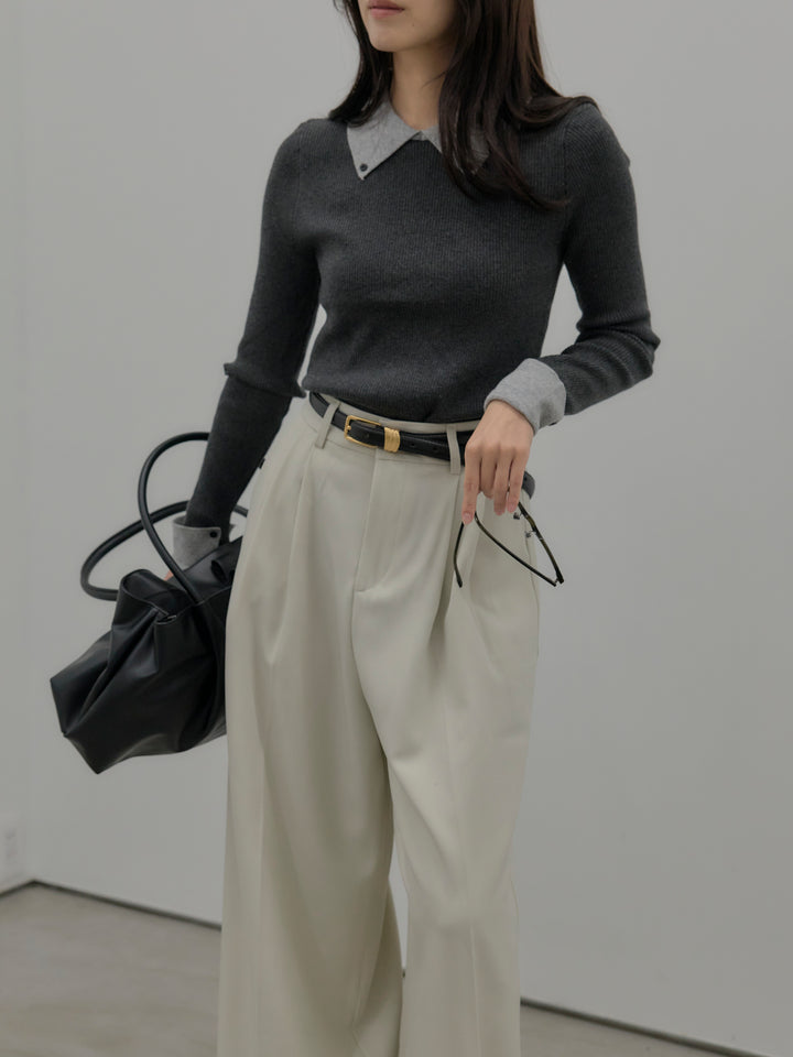 【SET】配色カフスニットポロ+デザインタックワイドパンツ(2set)