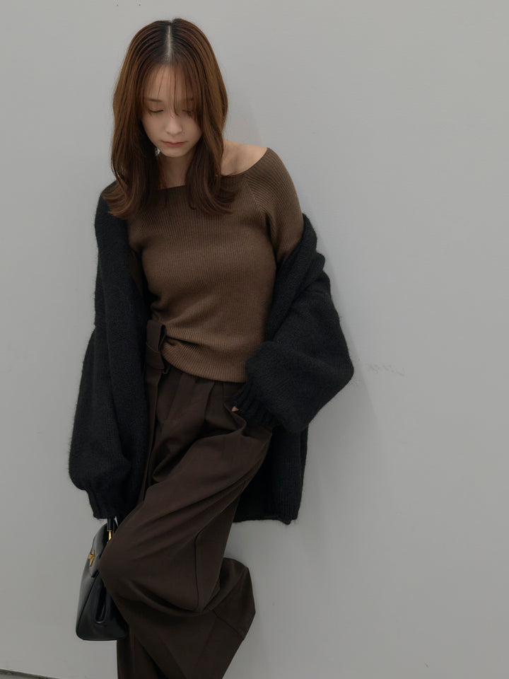 【SET】モヘアライクオーバーニットカーディガン+ウエストリボンワイドパンツ(2set)