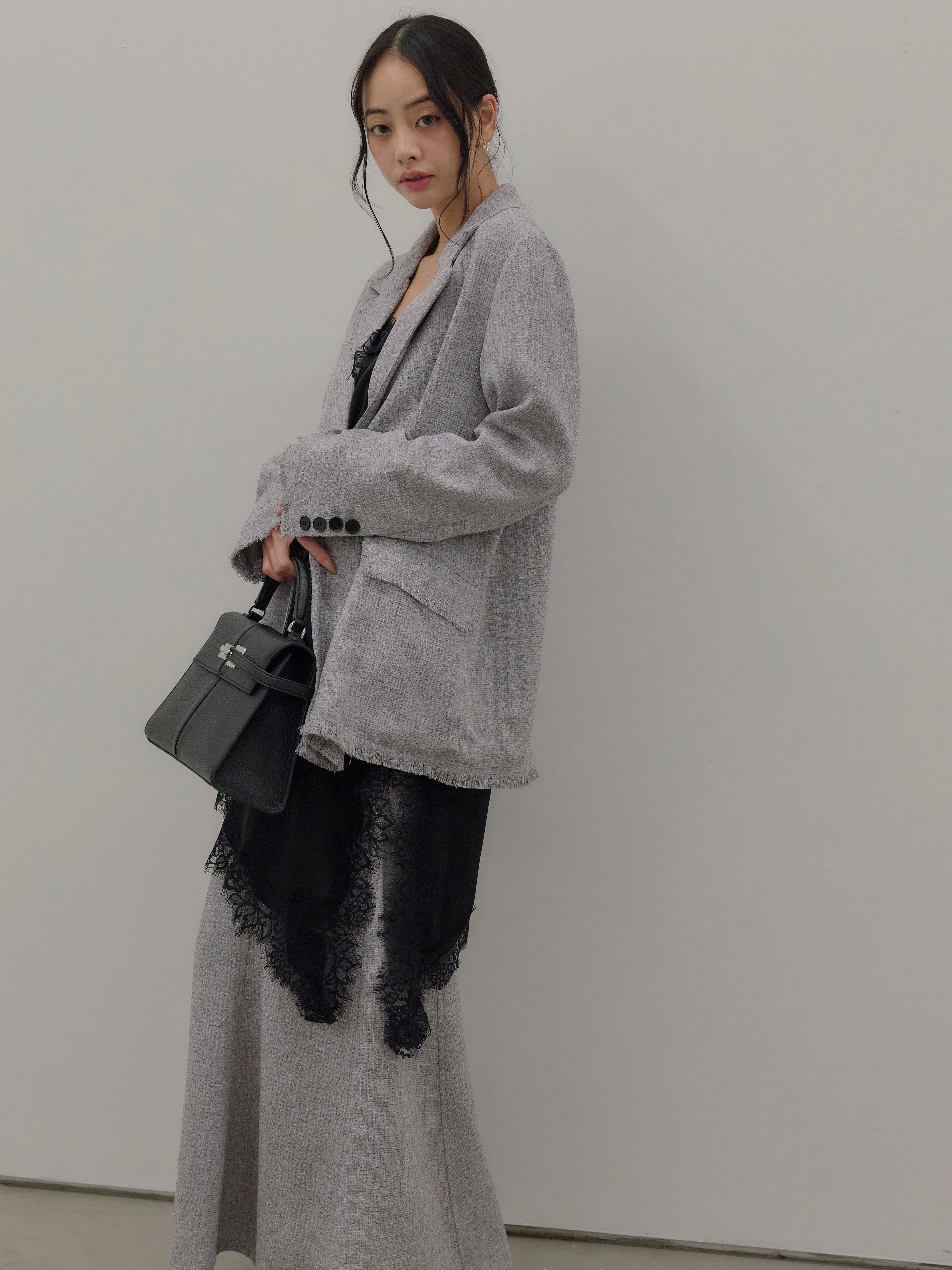 ANN DEMEULEMEESTER 90s グレージャケット XS 綿麻 SET】スラブネップツイードフリンジテーラードジャケット+