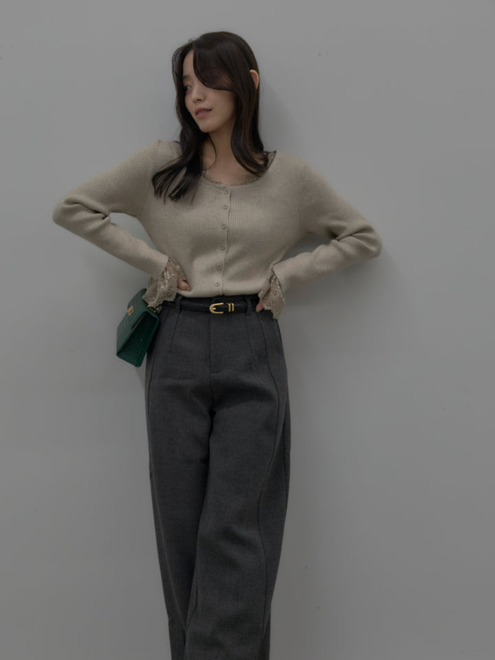 【SET】レースドッキングリブニットトップス+裏起毛デザインワイドパンツ(2set)