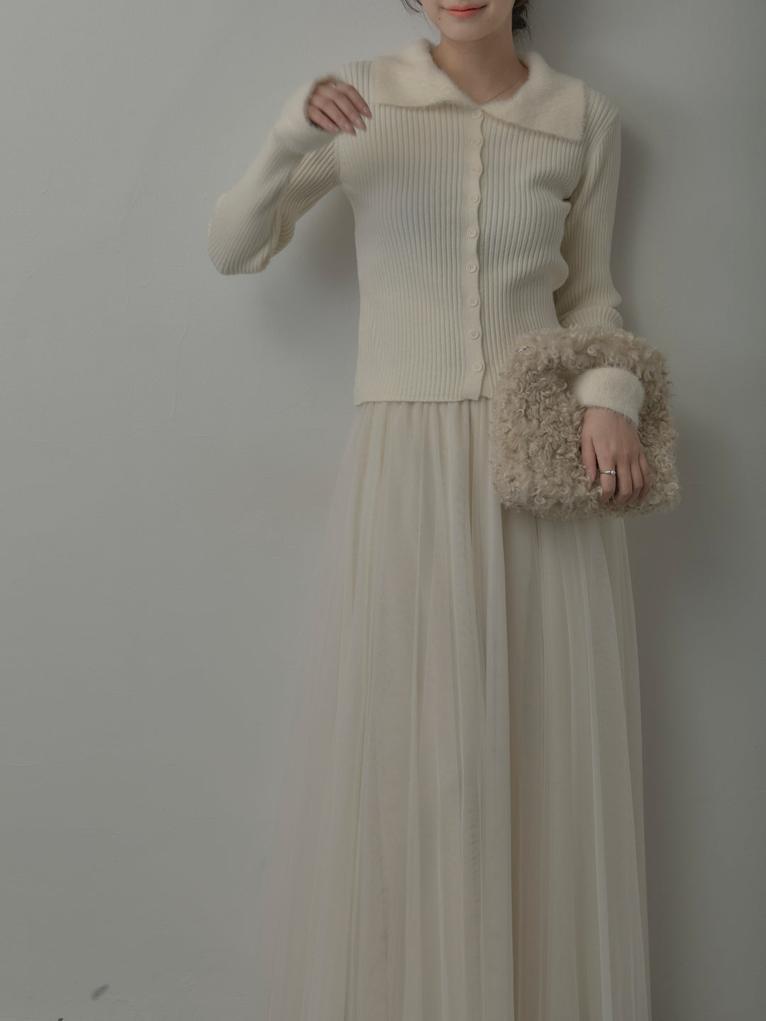 シャギー襟リブニットポロトップス