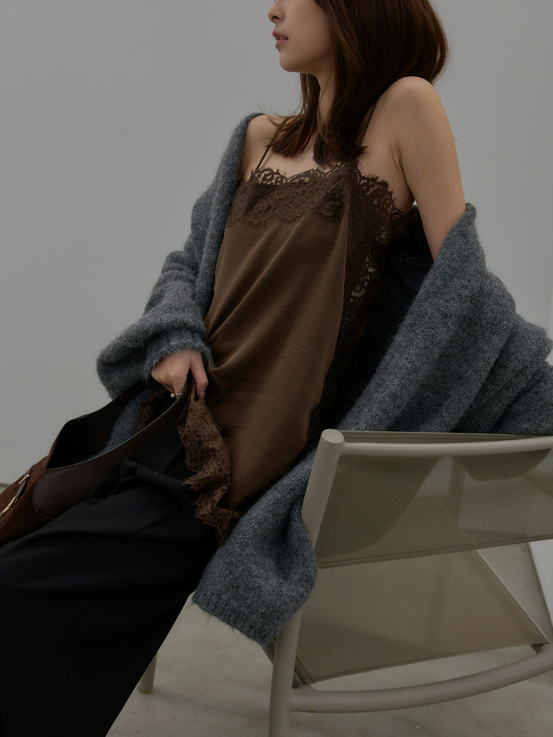 【SET】モヘアライクオーバーニットカーディガン+レースサテンキャミソール(2set)
