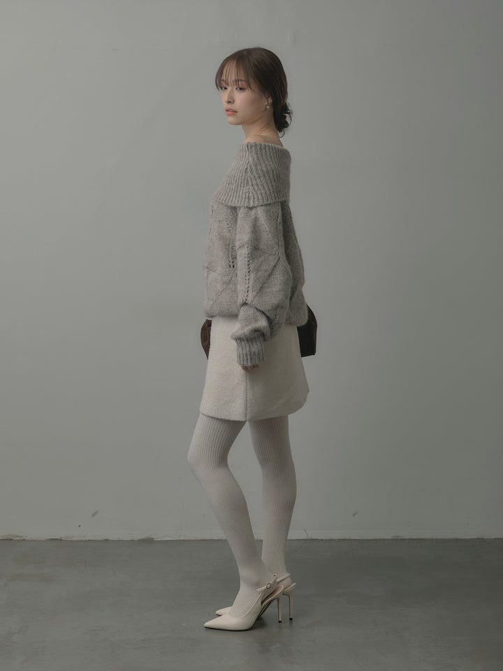 【SET】メランジニットオフショルトップス+ブークレ台形ミニスカート (2set)