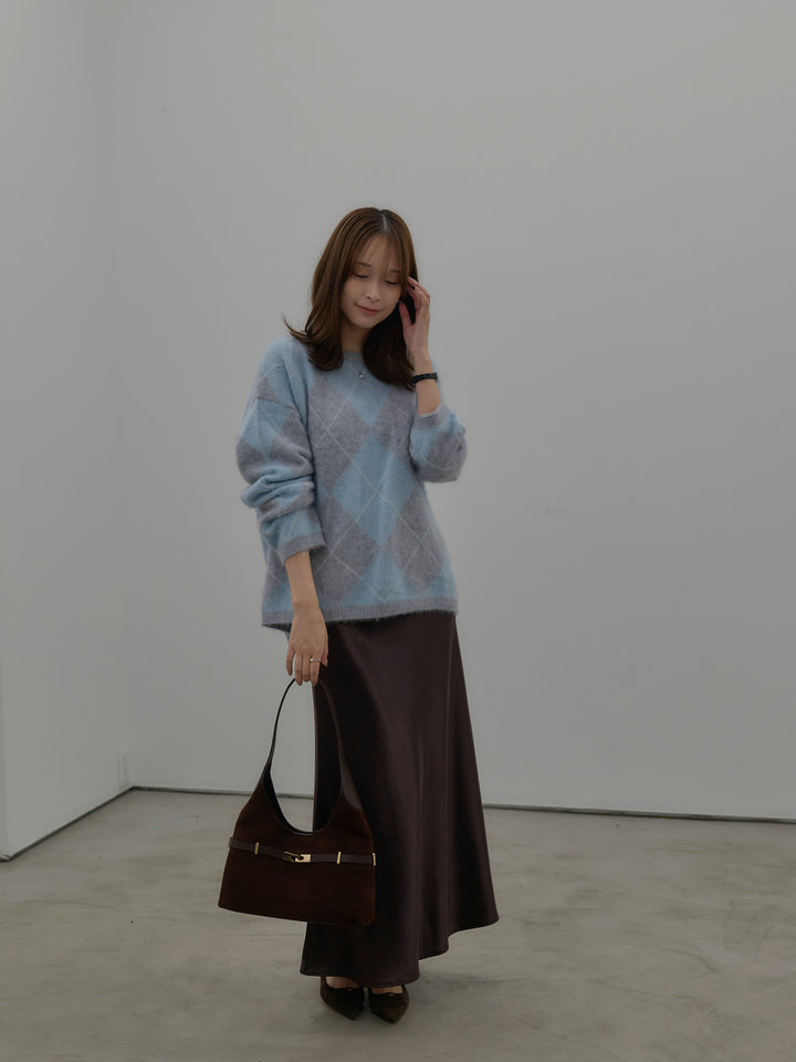【SET】【premium touch】アーガイル柄ニットプルオーバー+ナローAラインサテンスカート(2set)