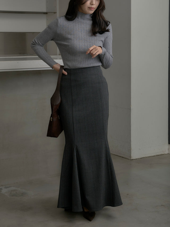 【SET】リブニットタートルネック+【Essential】チェック柄マーメイドスカート(2set)