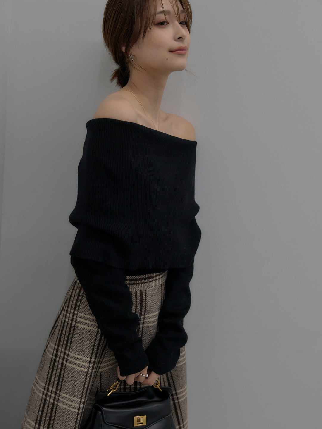 【SET】【premium touch】ソフトリブオフショルニットトップス+【Essential】クラシカルチェックウールタッチスカート(2set)