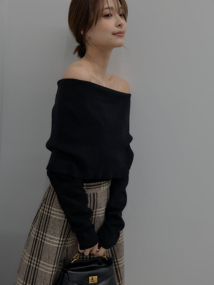 【SET】【premium touch】ソフトリブオフショルニットトップス+【Essential】クラシカルチェックウールタッチスカート(2set)