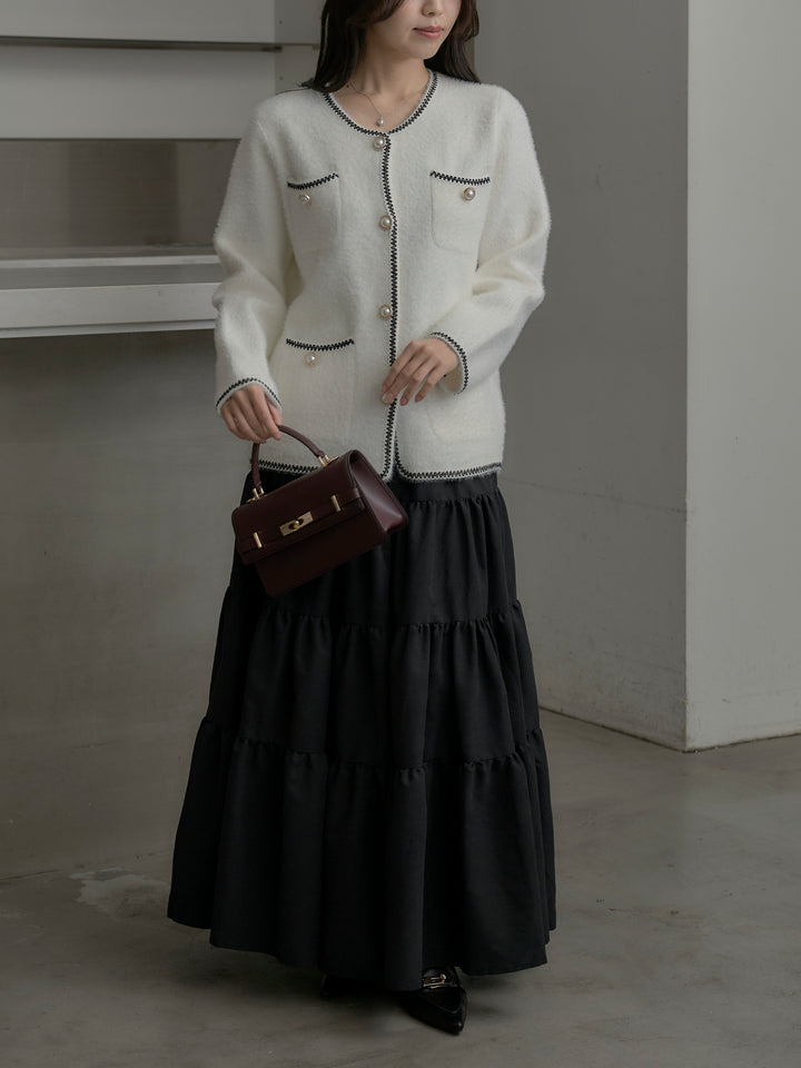 【SET】モヘアタッチパールボタンニットカーディガン+【Essential】ピーチスキンティアードスカート(2set)