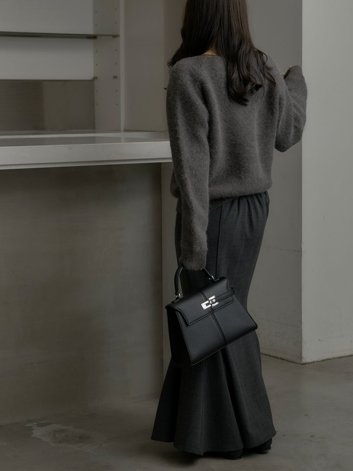 【SET】モヘアタッチVネックニットプルオーバー+【Essential】チェック柄マーメイドスカート(2set)