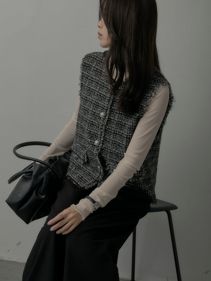 【SET】ツイードフリンジベスト+メロウフリルシアートップス+【ロープベルト付属】ウールタッチワイドパンツ(3set)