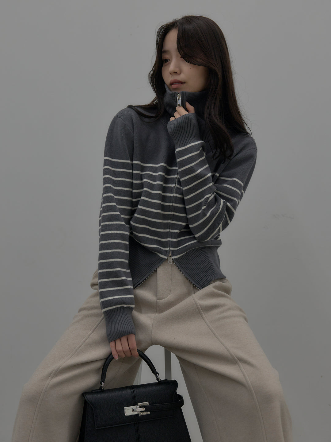 【SET】ダブルZIPハイネックボーダーニットトップス+裏起毛センターシームタックワイドパンツ(2set)