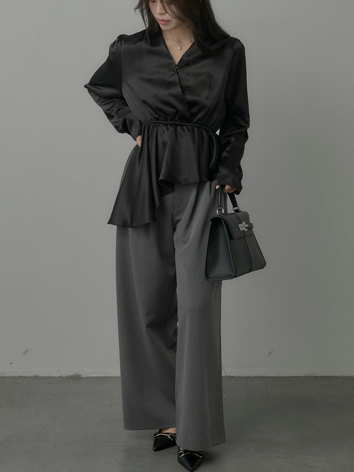 【SET】Vネックアシメサテンブラウス+【Essential】３タックスラックス(2set)