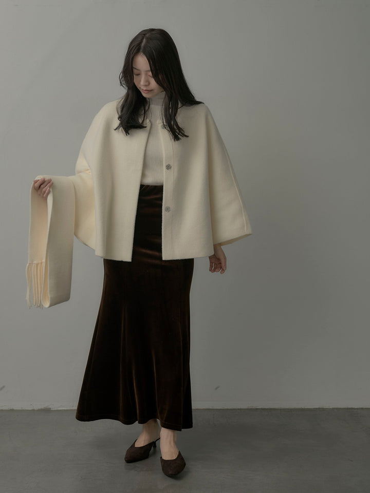 【SET】マフラー付き2WAYケープコート+リブニットタートルネック+ベロアマーメイドスカート(3set)