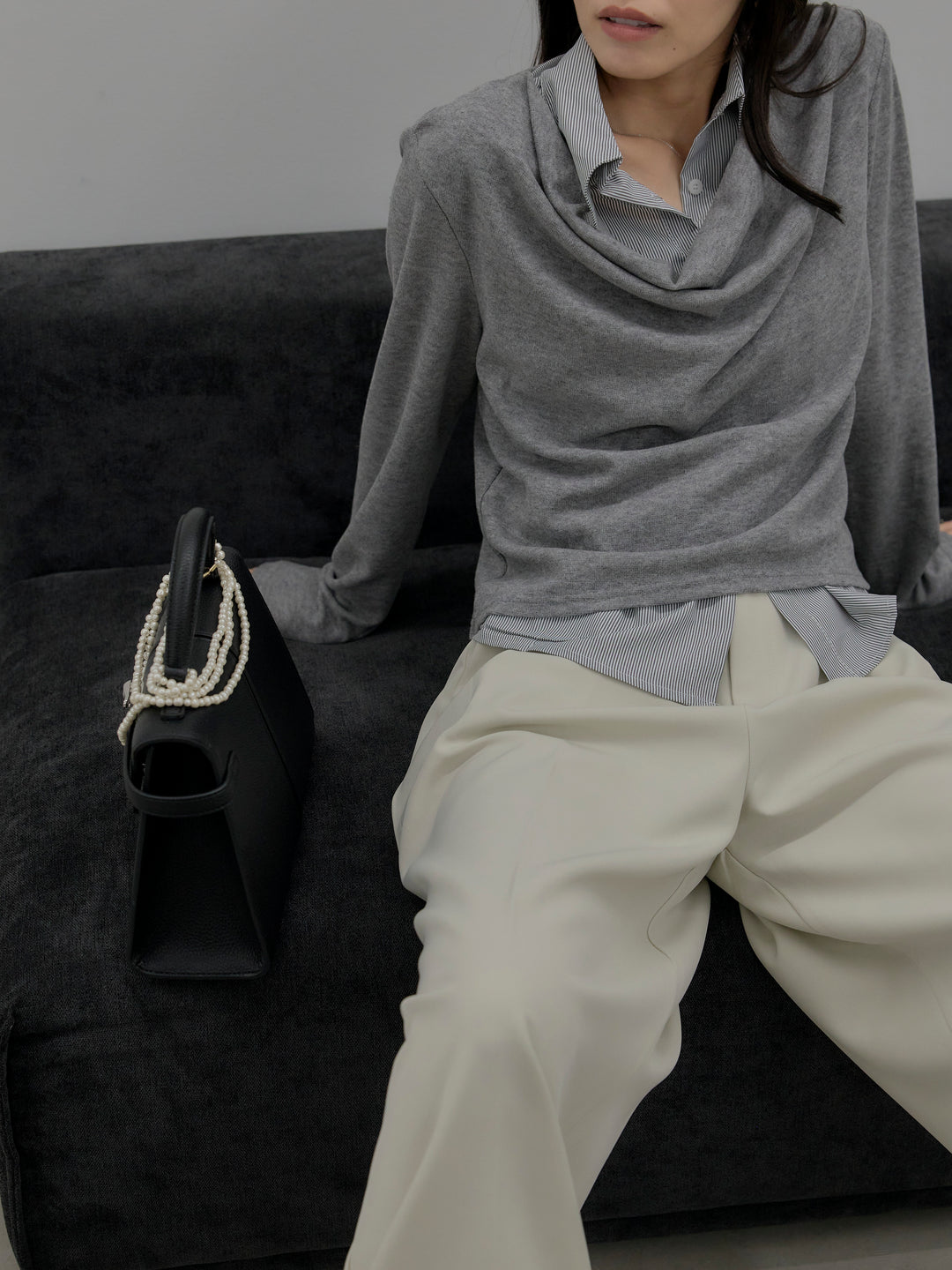 【SET】シャツレイヤードドレープニットトップス+デザインタックワイドパンツ(2set)