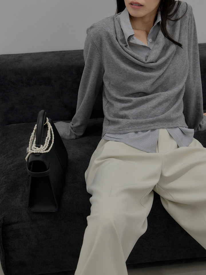 【SET】シャツレイヤードドレープニットトップス+デザインタックワイドパンツ(2set)